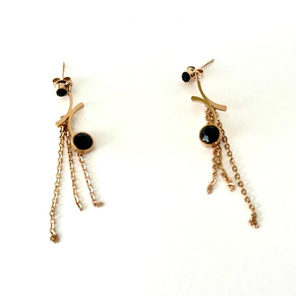Dangle/Drop Earrings Women's Fashion Gold Tone Black Stone Unique Statement Chic - Picture 2 of 6